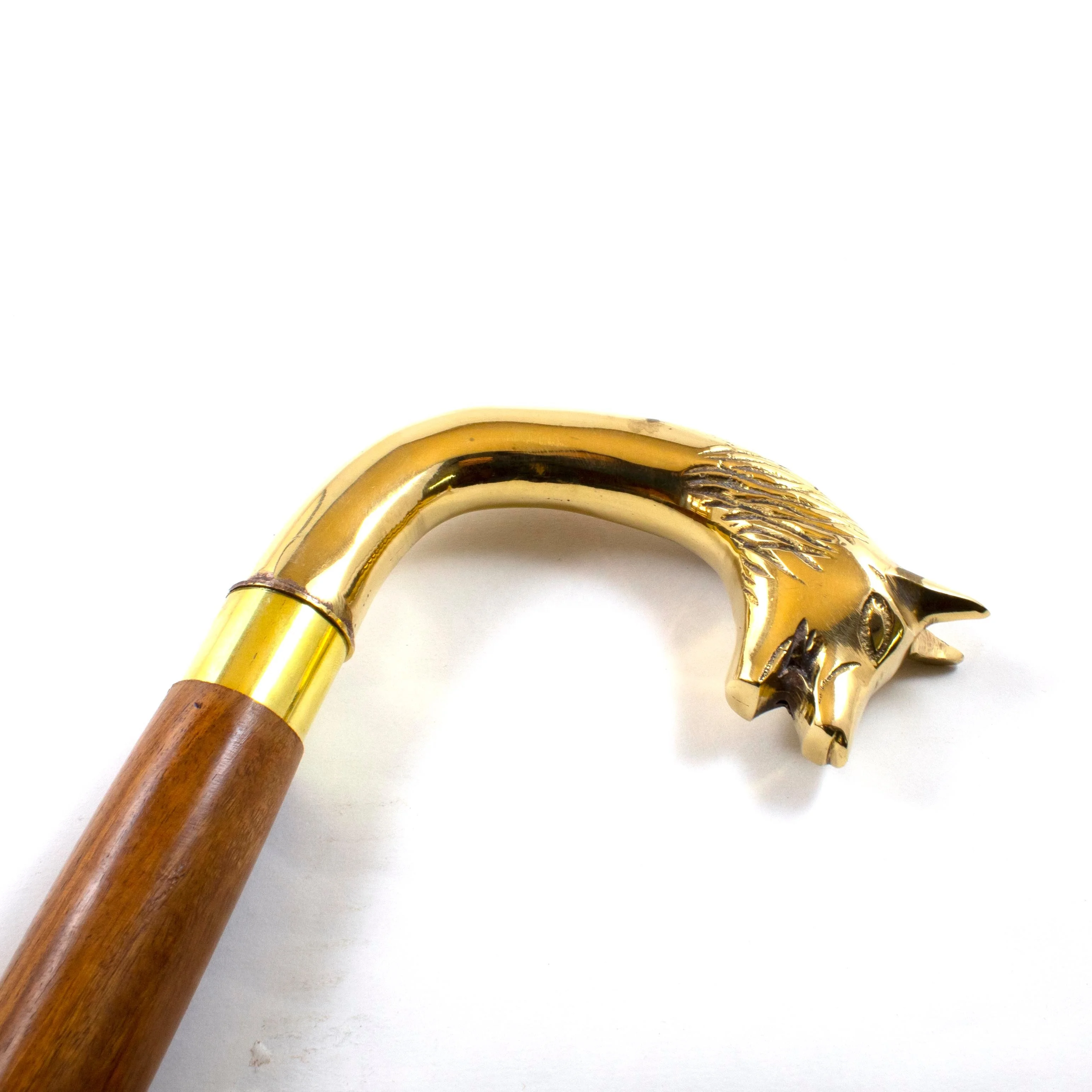 brass knob handle classic handmade carved wooden wolf walking stick polish finished old age men women daily use cane