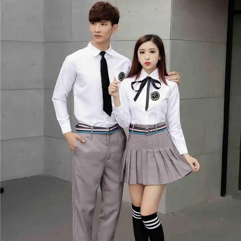 Elegant embroidered logo shirt, skirt, pant uniform at high school