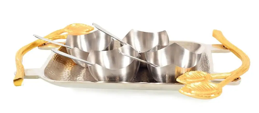 Indian Manufacturer Handicraft 4 Piece Set with Brass Hammered Trey Stainless Steel Ice Cream Bowl