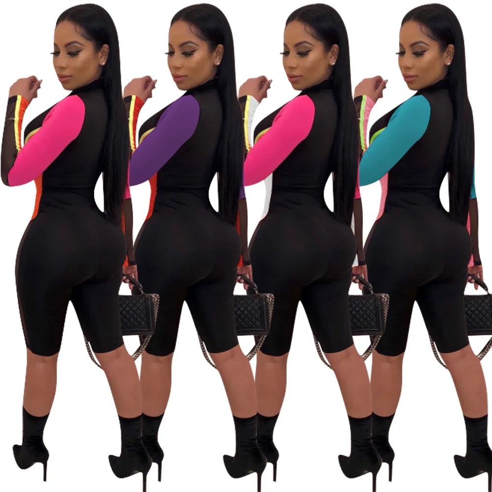 Summer Fashion Women Casual Front Zipper Up Top Short Pants Color Block Patchwork Mesh Spliced Romper Jumpsuit