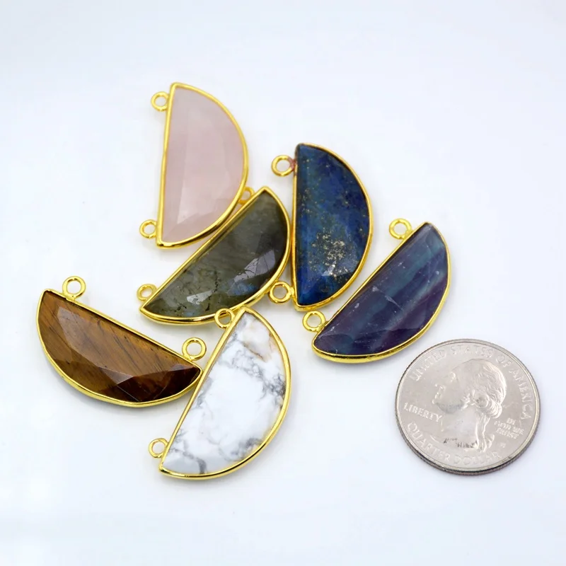 Gold bezel Pendants half round Labradorite Pendant Charms howlite fluorite rose Quartz Druzy Beads with Double Bails