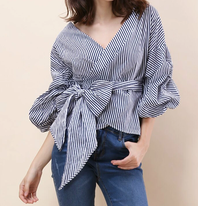 Womens Clothing 2018 Wrap blue Women Blouse