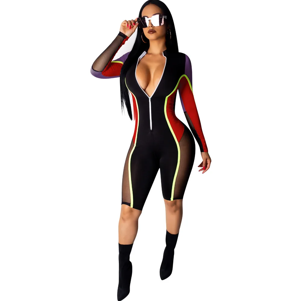 Summer Fashion Women Casual Front Zipper Up Top Short Pants Color Block Patchwork Mesh Spliced Romper Jumpsuit