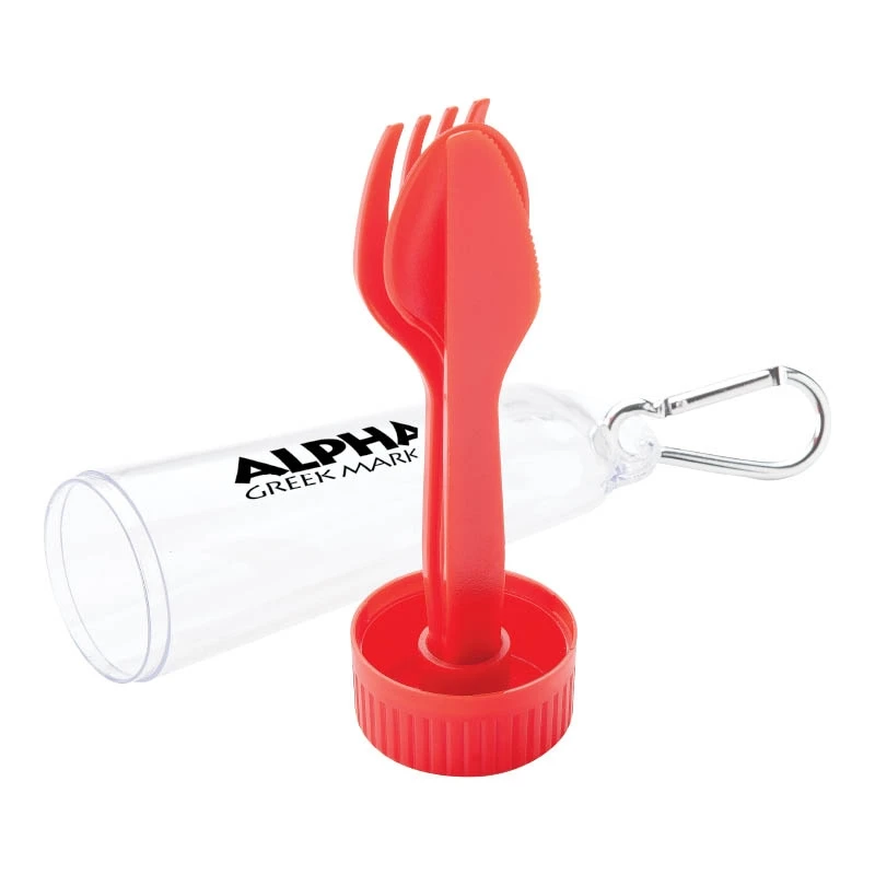 Portable Cutlery Set - includes fork, knife and spoon in transparent storage case with handy aluminum carabiner