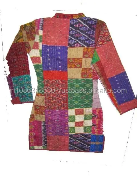 Indian Patchwork Vintage Design kantha Quilted Silk Patola Kantha Jacket Long Floral Sleeves ladies Reversible Coat Gudri Jacket