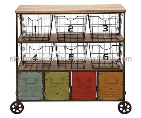 industrial & vintage iron metal 4 drawer & basket movable Hand painted cheap antique cabinet