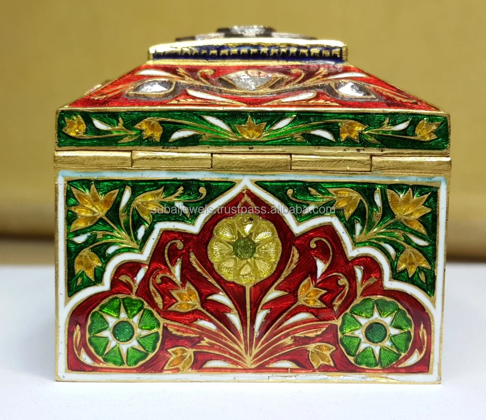 24Kt Gold Kundan Ancient Box With Natural Ruby Diamond Polki & Enamel for showcase multipurpose 57 grams