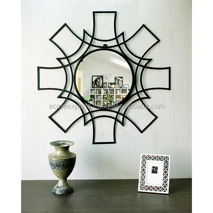 Iron and glass black powder coated unique shape mirror for wall decor Indian wall metal fashion round old black mirror