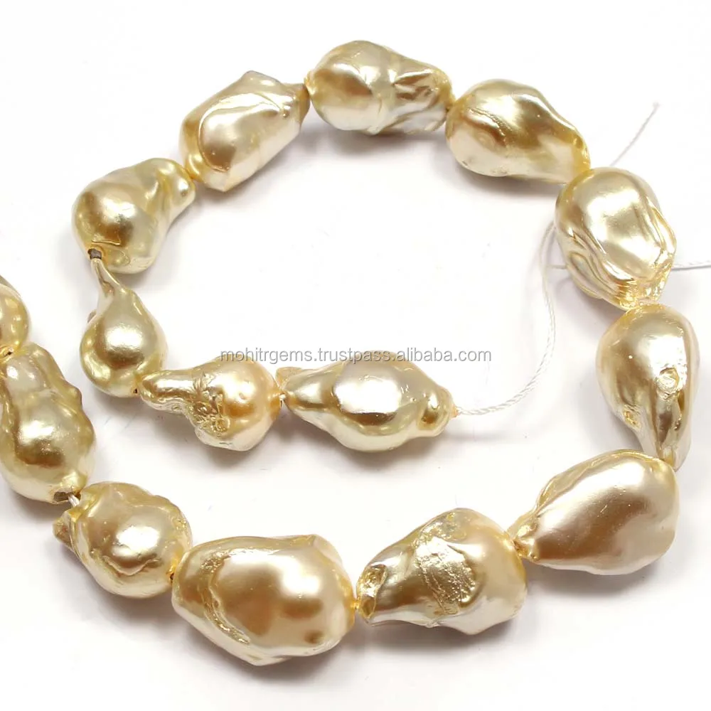 Uneven Shape Of Fresh Water Golden Color Baroque Pearl Strings Moissanite Diamond