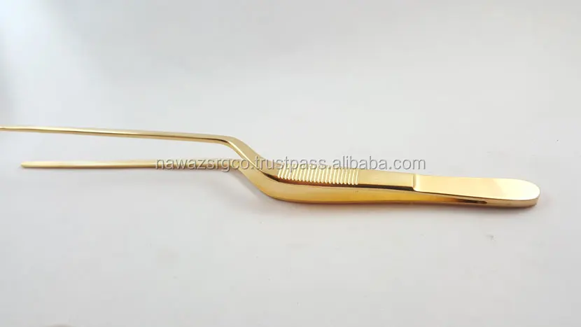 
Gold Plated Offset Plating Tongs, Stainless Steel Chef Tweezers 