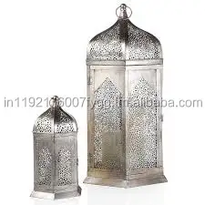 Metal Moroccan Lantern Pillar Candle Holder Lamp Luxury Hanging Copper Antique Blue Glass Lanterns for Home Decoration