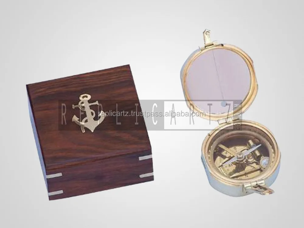 Antique Brass Brunton Compass with Wood Box Direction Hiking Maritime Nautical Gift Home Decor Gifts