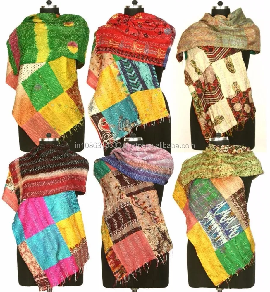 Vintage Kantha Scarf Silk Sari Stole Women patchwork Shawl Hand Dupatta Neck Wrap Indian Handmade Kantha Scarf Silk Sari Stole