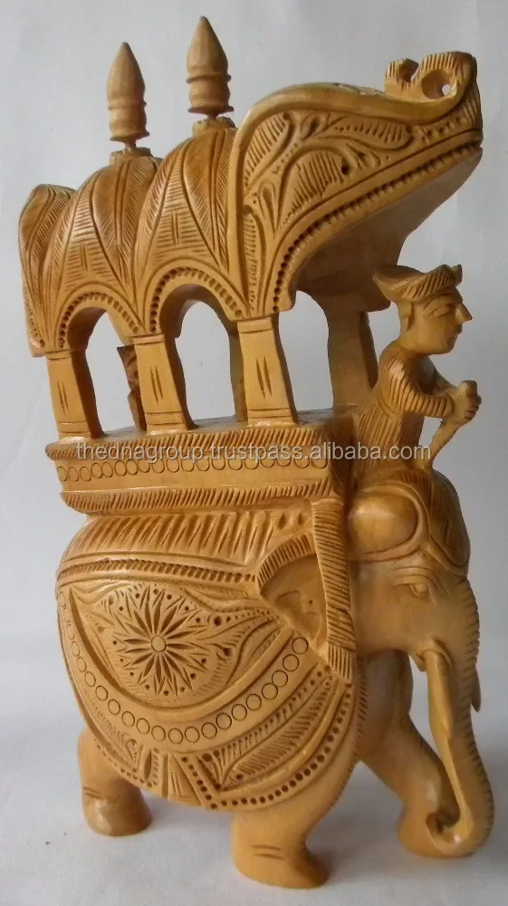 Indian Athenic Wooden Handmade Carved Elephant Souvenirs - As Royal Rider Sitting in the Palanquin - Sculpture