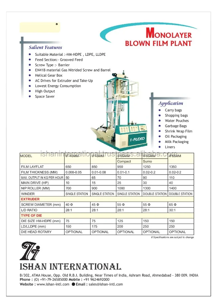 Monolayer Blown film Extrusion Machine  Monolayer Blown film Extrusion Machine, Model: ISHAN  ML 32 Twin Die