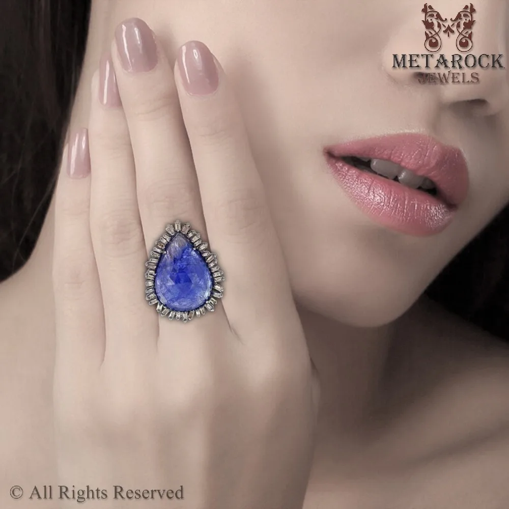 Handmade Tanzanite Diamond Baguettes 925 Sterling Silver Gemstone Jewelry Design for Gift