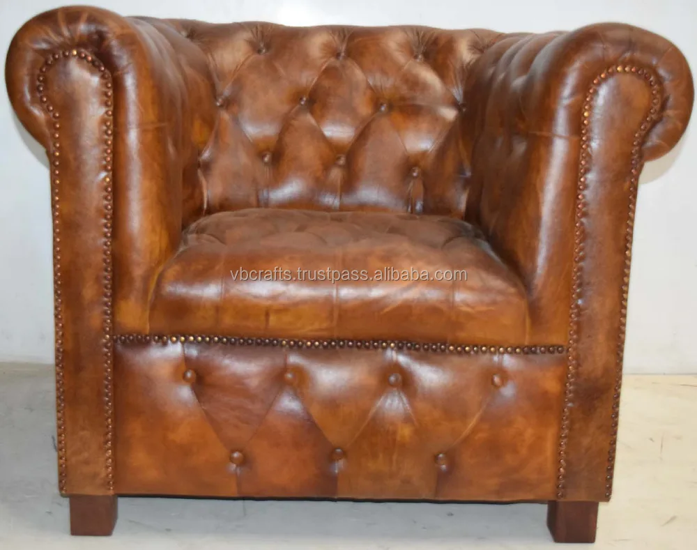 Classic Vintage Home Living Room Seating  Genuine Leather Single Sofa Couch Dark Brown Color