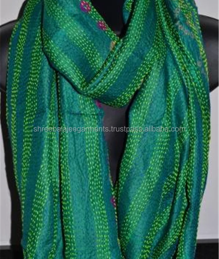 VINTAGE SILK KANTHA STOLE HANDMADE LADIES SCARVES