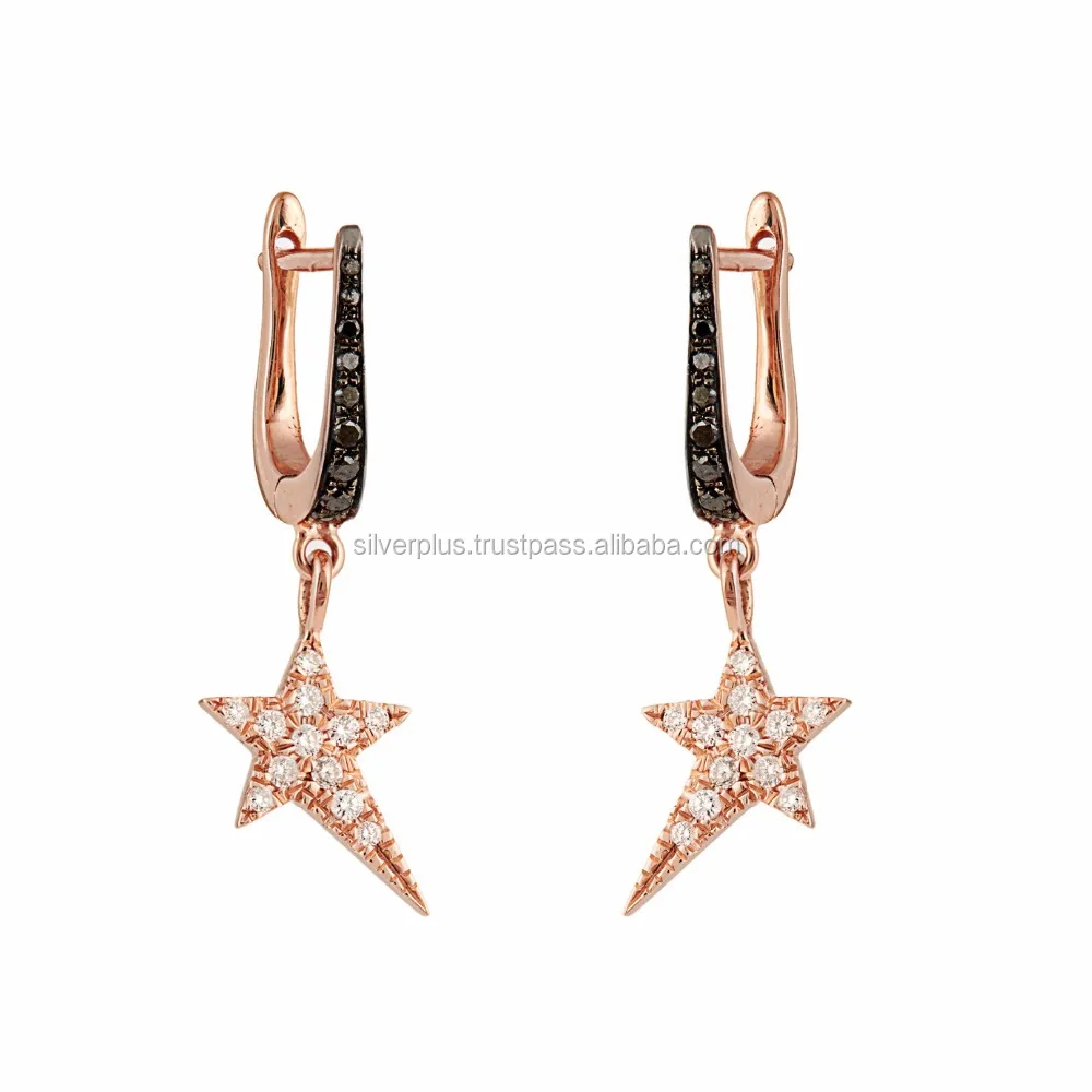 New Collection 14k Gold Black and White Diamond Pave Star Huggie Earrings At Wholesale Price