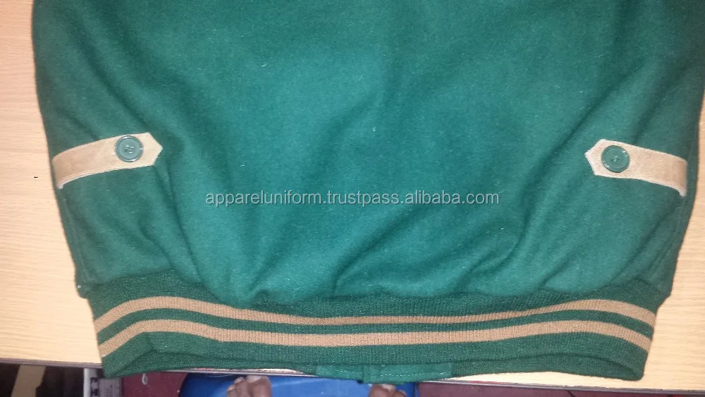 2016 new design forest green Varsity Jackets with Wool Body and Leather Sleeves, & Embroidery