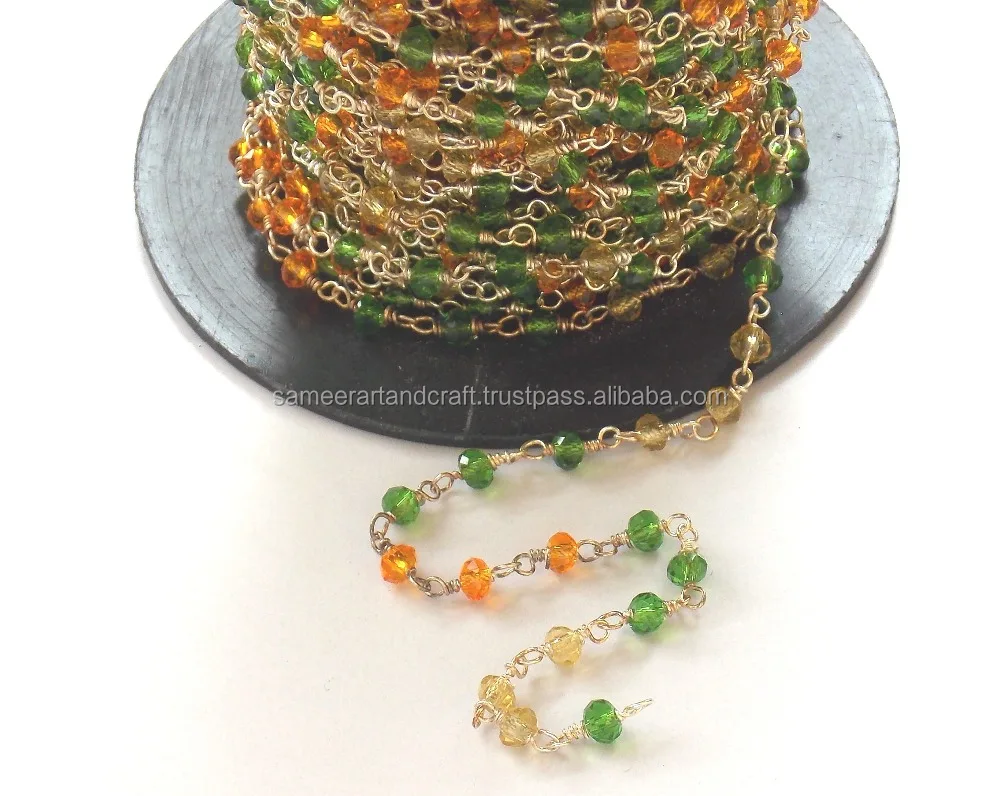 Beautiful Gold Plated 3 - 4 mm Beaded Rosary Natural Multi Gemstone Jewelry Wired wrapped Coin Charm chain