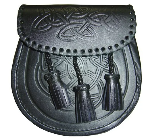 
Top Quality Black Leather Scottish Kilt Sporran & 3 Leather Tassels 
