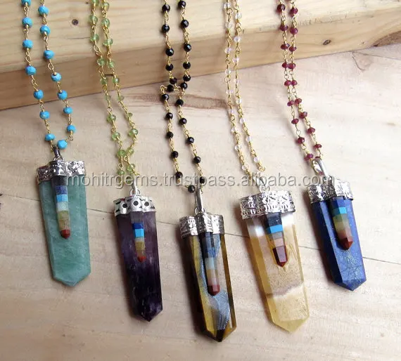 Healing Pendant, Dowsing Pendulum, Natural Gemstone Chakra Pendulum Pendant Necklace with Rosary Chains - Birthstone Jewelry