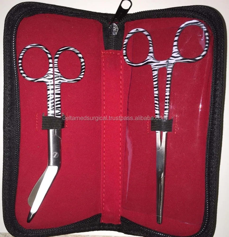 NEW Hemostats Forceps Bandage Scissors Set Pink Zebra Straight Tip Clamps Case