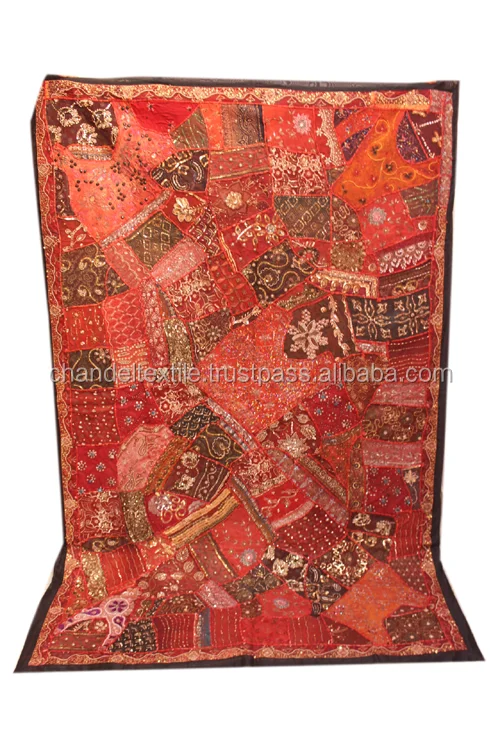 india Wall Tapestry Decorative Bead Work Handmade Twin size single bedsheet Handicraft Cotton Beads Work Large Tapestry Ethnic