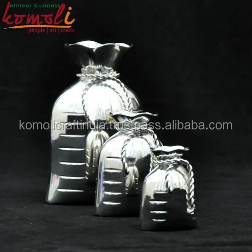 
Unique wedding return gift favor idea silver plated vase brass gunny bag shape 