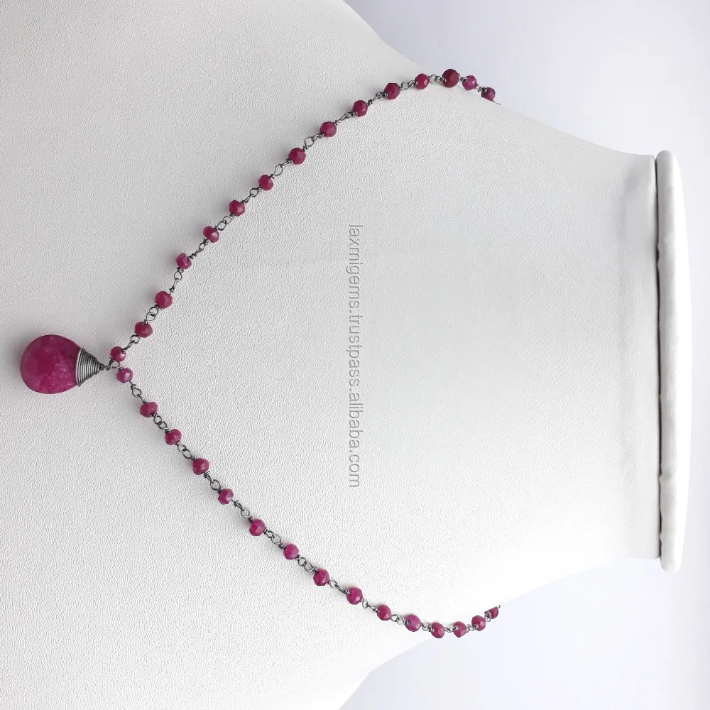 Stylish Ruby 925 sterling silver Rhodium Plated Rosary Chain Gemstone Beads Necklace Jewelry