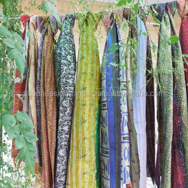 Vintage Indian Sari Cotton Kantha Scarves Scarf Reversible Stole Cotton Scarf