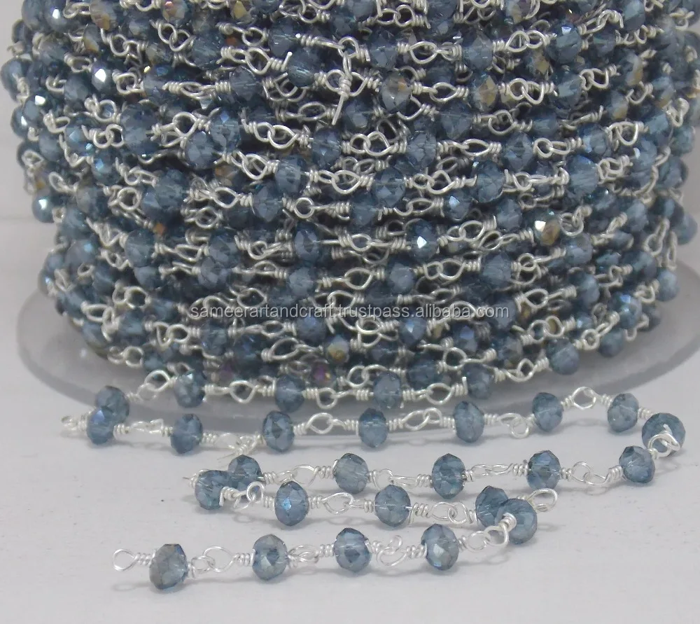 Tanzanite Quartz Rosary Beads Coin Charm Chain Silver Plated Wire Wrapped Natural Multi-Gemstone Jewelry Glass Findings 3mm