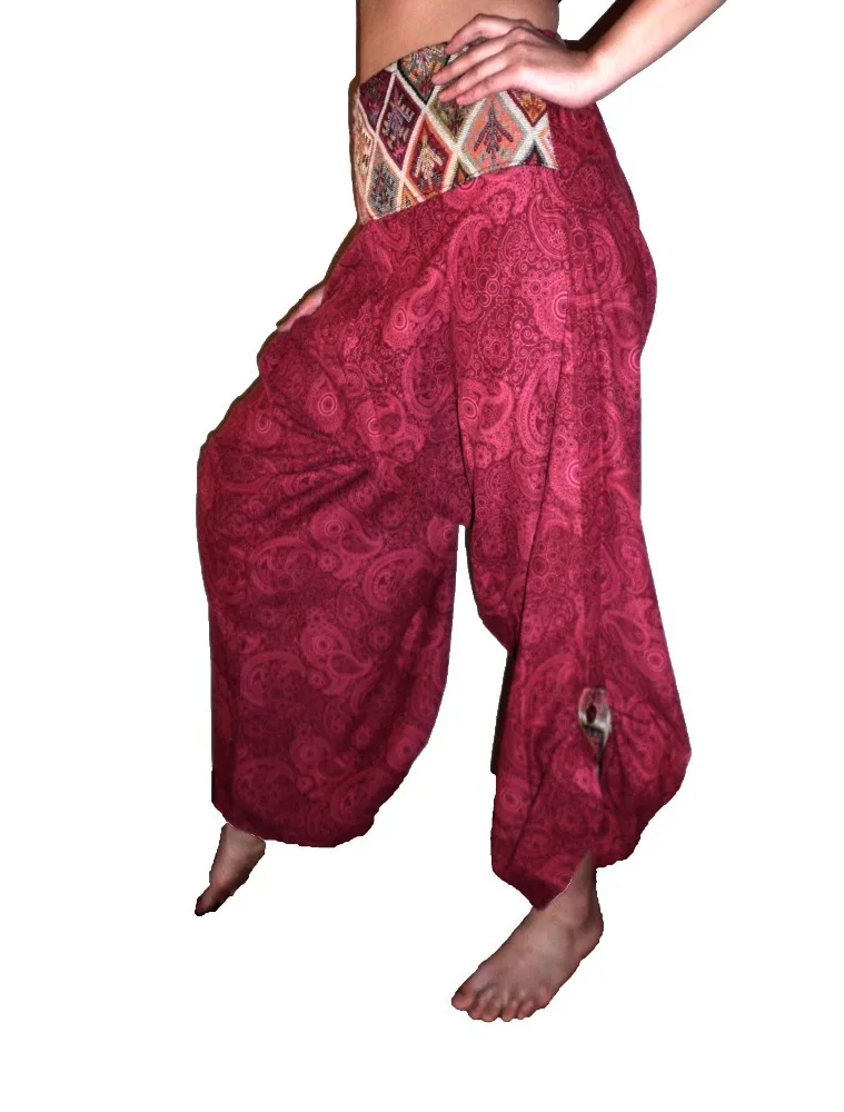 Thai Hill Tribe Fabric Unisex Harem Pants with Coconut Button straps