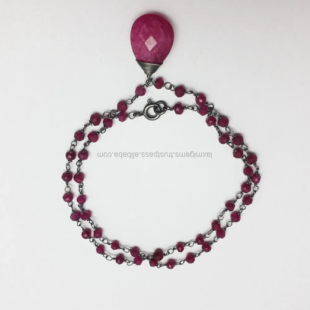 Stylish Ruby 925 sterling silver Rhodium Plated Rosary Chain Gemstone Beads Necklace Jewelry