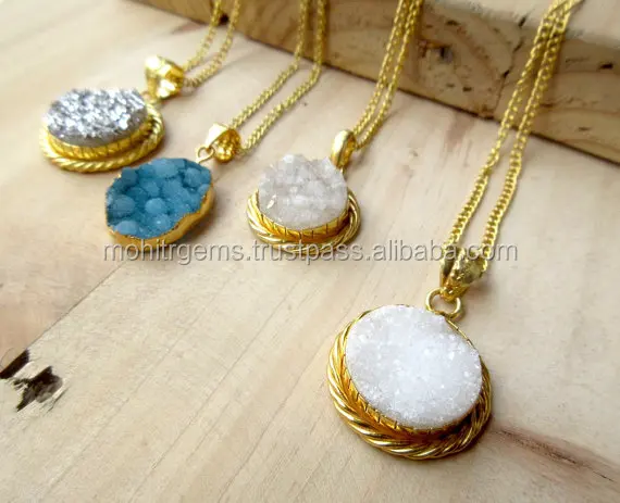Gold Electroplated/Hammered Druzy Pendant Necklaces, Silver, White, Blue, Offwhite Druzy Pendants