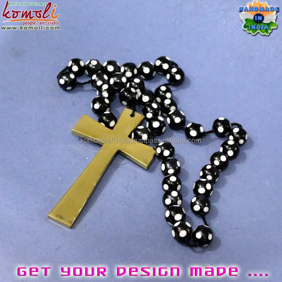 Handmade solid brass mini cross catholic rosary with designer resin bead