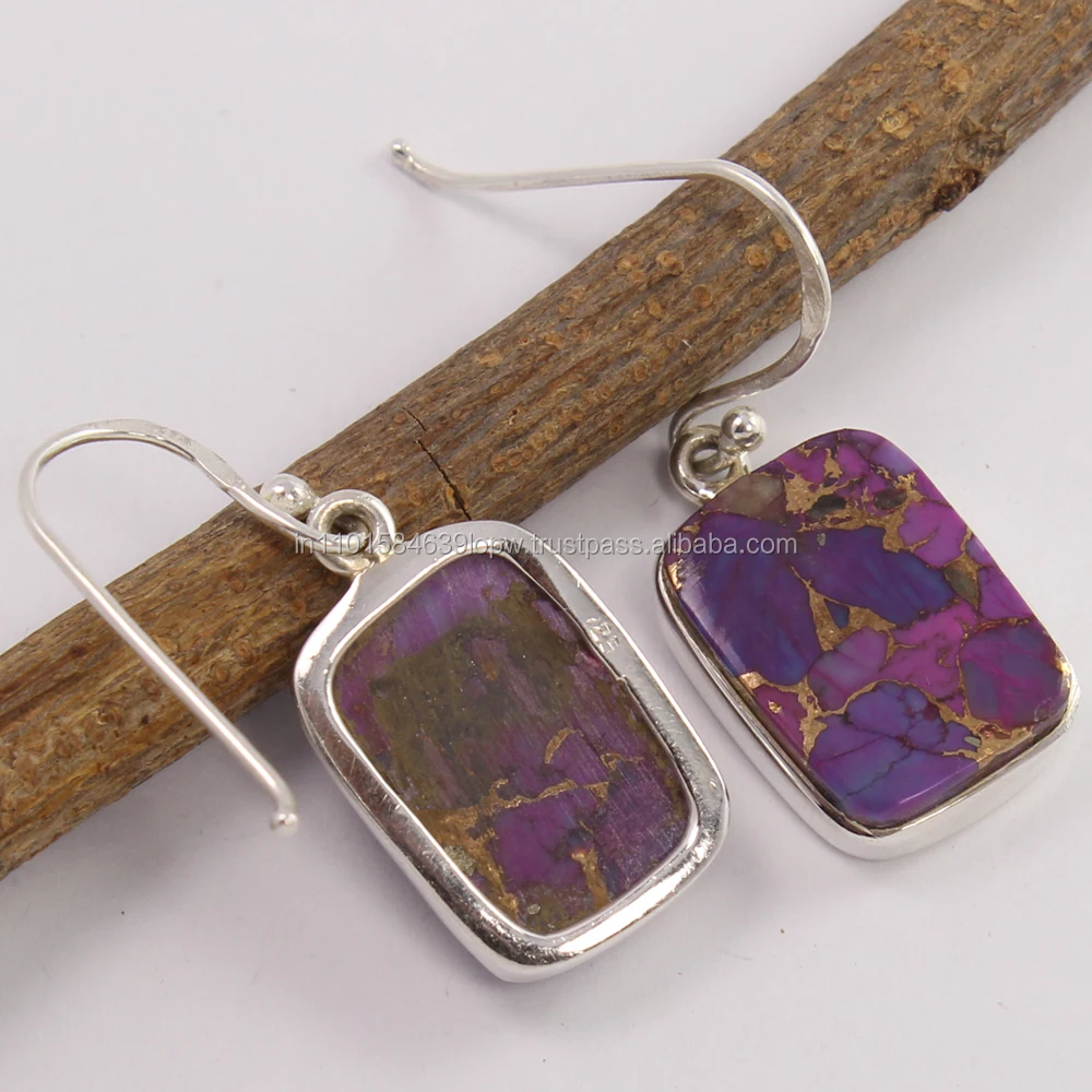Best Selling PURPLE COPPER TURQUOISE Gemstones 925 Solid Sterling Silver Elegant Earrings Religious Wholesale For Women