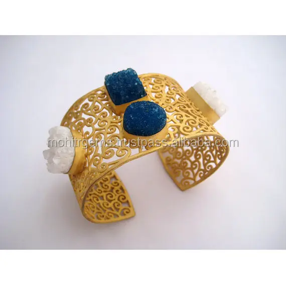 Dark Blue and White Druzy Cuff Bracelet with Intricate Handcrafted Filigree, Statement Gemstone Bracelet