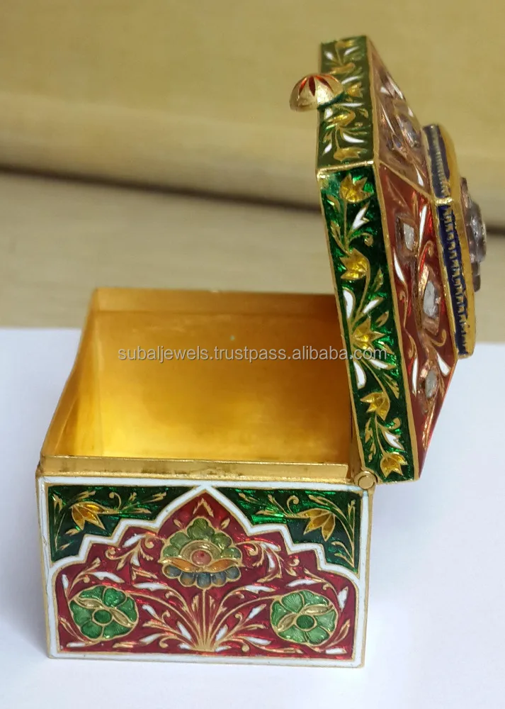 24Kt Gold Kundan Ancient Box With Natural Ruby Diamond Polki & Enamel for showcase multipurpose 57 grams