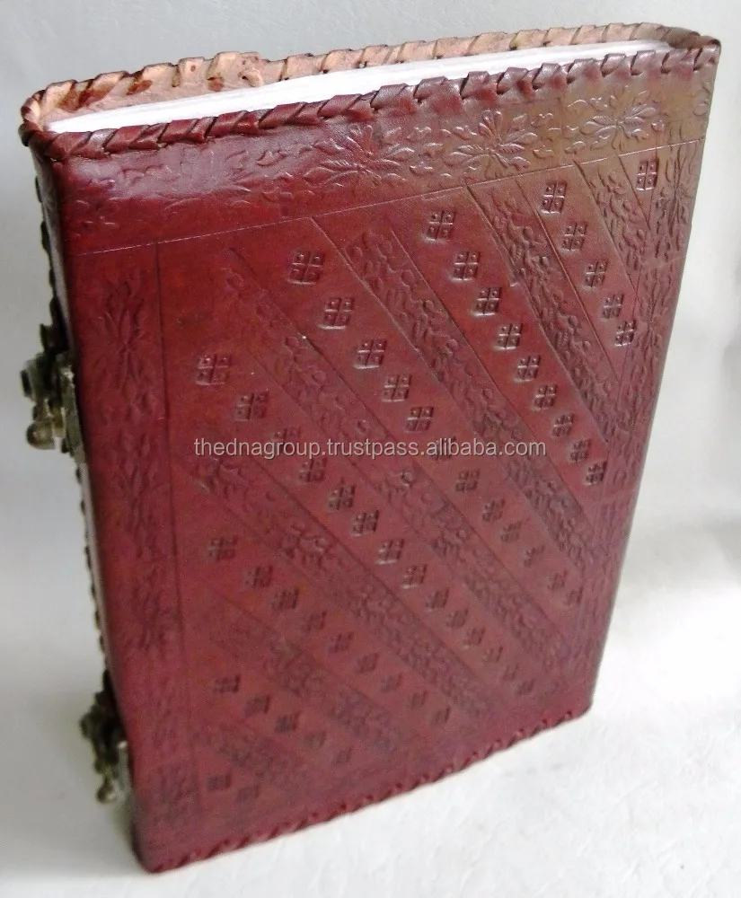 Handmade vintage embossed stone with 2 lock pattern stone attached at centre Leather bound journal Diary
