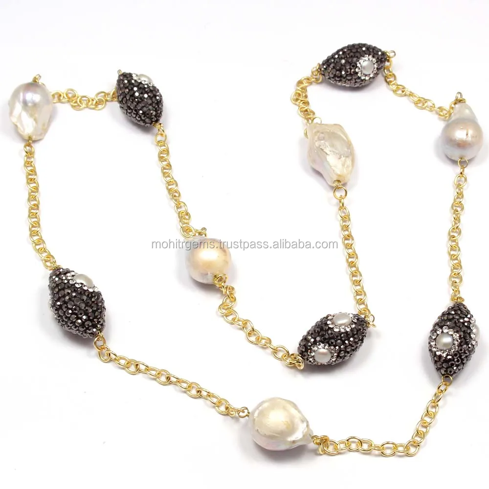 Turkish White Stone With Barquoe Pearl Long Endless Jewelry Necklace