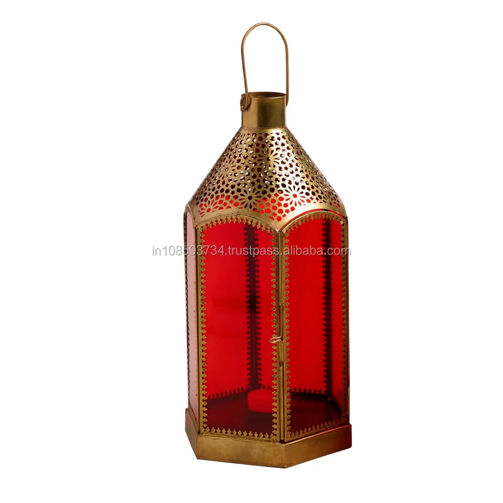 Home Decorative Candle Lantern Red Glass Iron Frame Hanging Candle Lantern