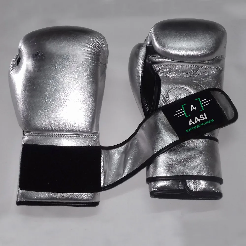 Professional Shine Boxing Gloves For Fight Cowhide Leather Metallic silver Glove