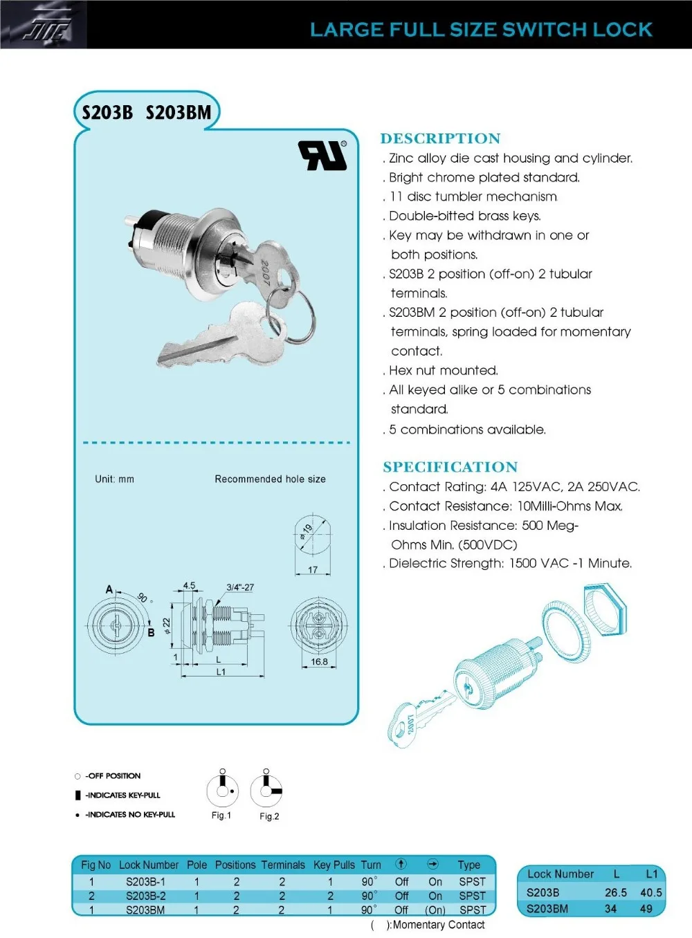 19 мм Большой полноразмерный Электрический замок-переключатель SPST