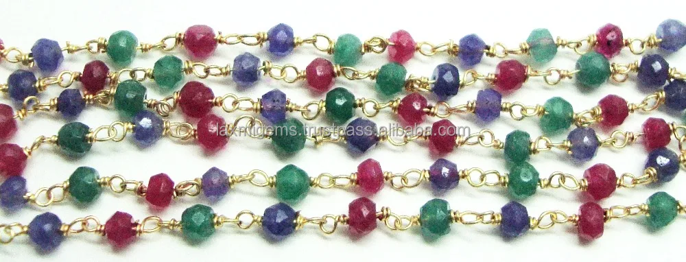Multi Dyed Ruby Emerald  Sapphire Gemstone 925 Sterling Silver Wire Wrapped Rosary chain