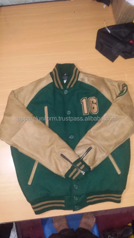 2016 new design forest green Varsity Jackets with Wool Body and Leather Sleeves, & Embroidery