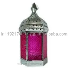 Metal Moroccan Lantern Pillar Candle Holder Lamp Luxury Hanging Copper Antique Blue Glass Lanterns for Home Decoration