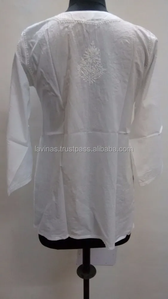 Cotton Chicken Embroidered Women Tunic White Chicken Dress Indian Shirt Top Blouse from Wholesaler