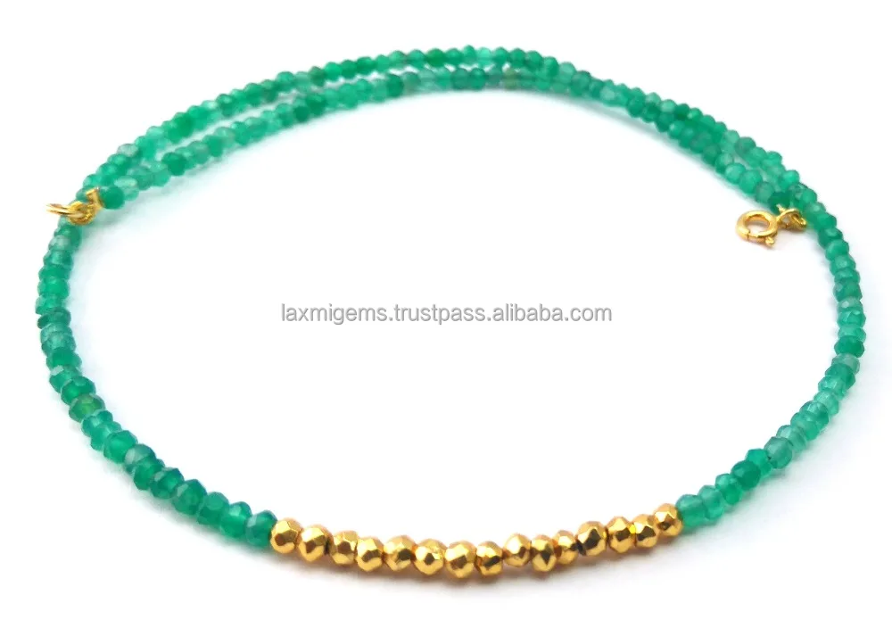 Natural Green Onyx & Gold Coated Pyrite Beads Necklaces , Beads Necklaces, Gold Coated Necklaces